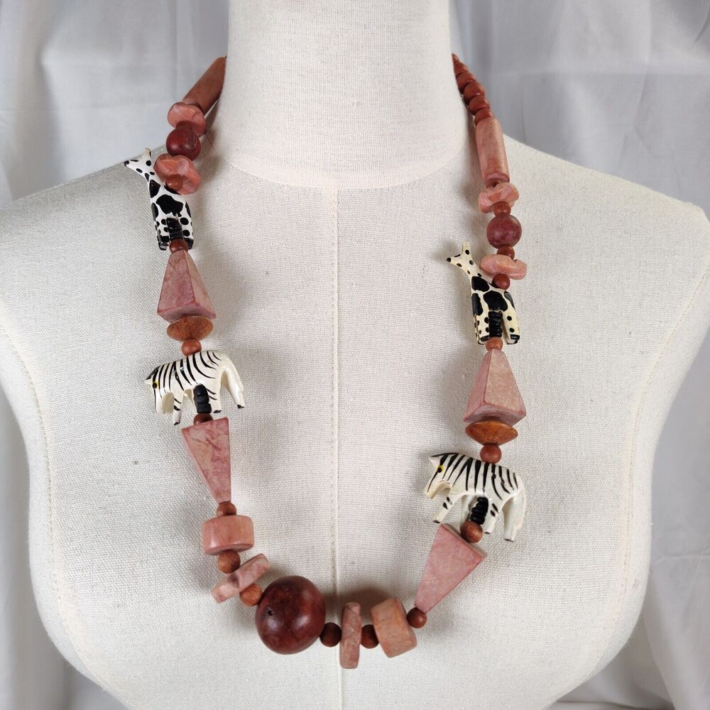 Vintage Carved Wood Chunky Necklace 26in Zebra Giraffe African Safari